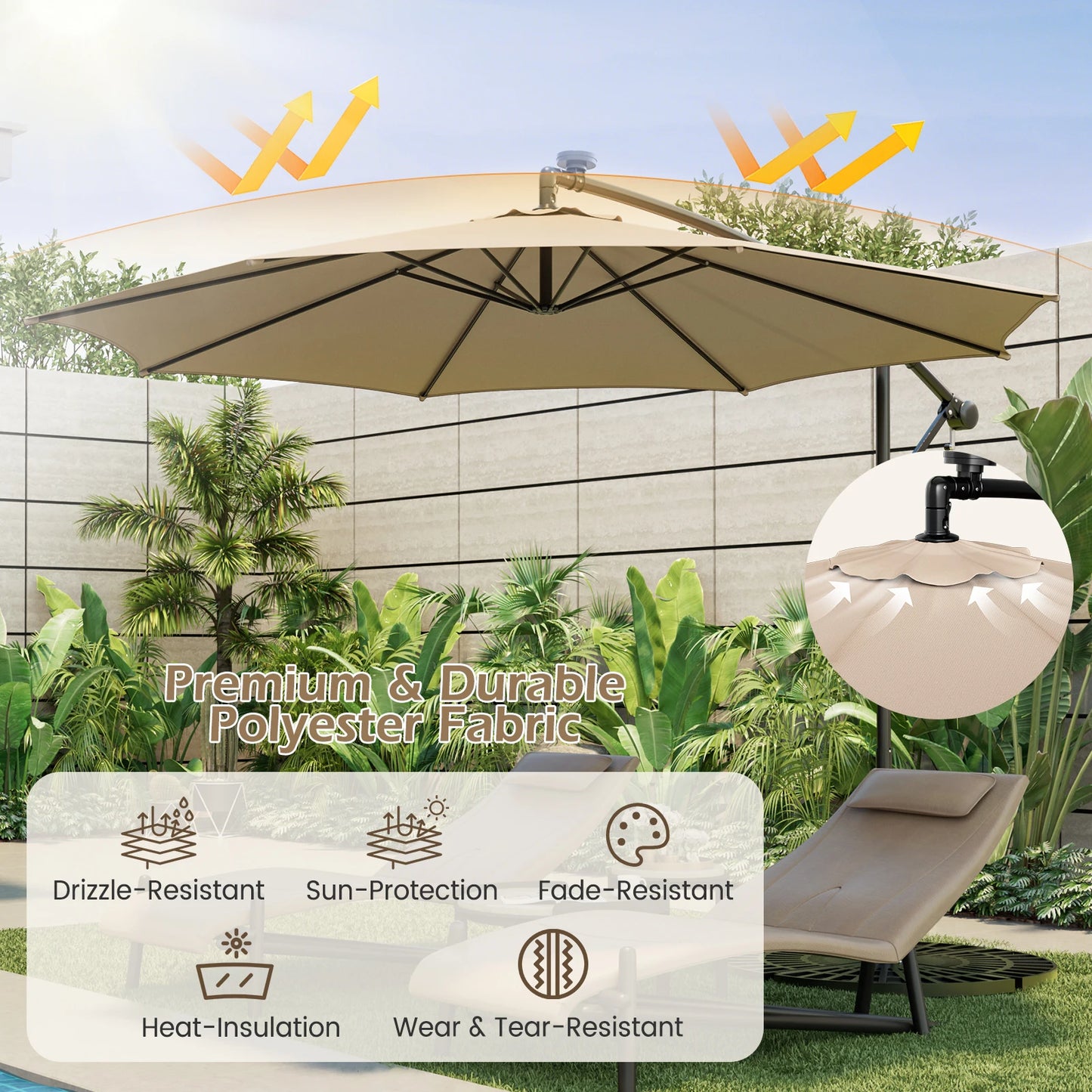 10FT Patio Solar-Lighted 112 LED Cantilever Offset Umbrella Crank Tilt