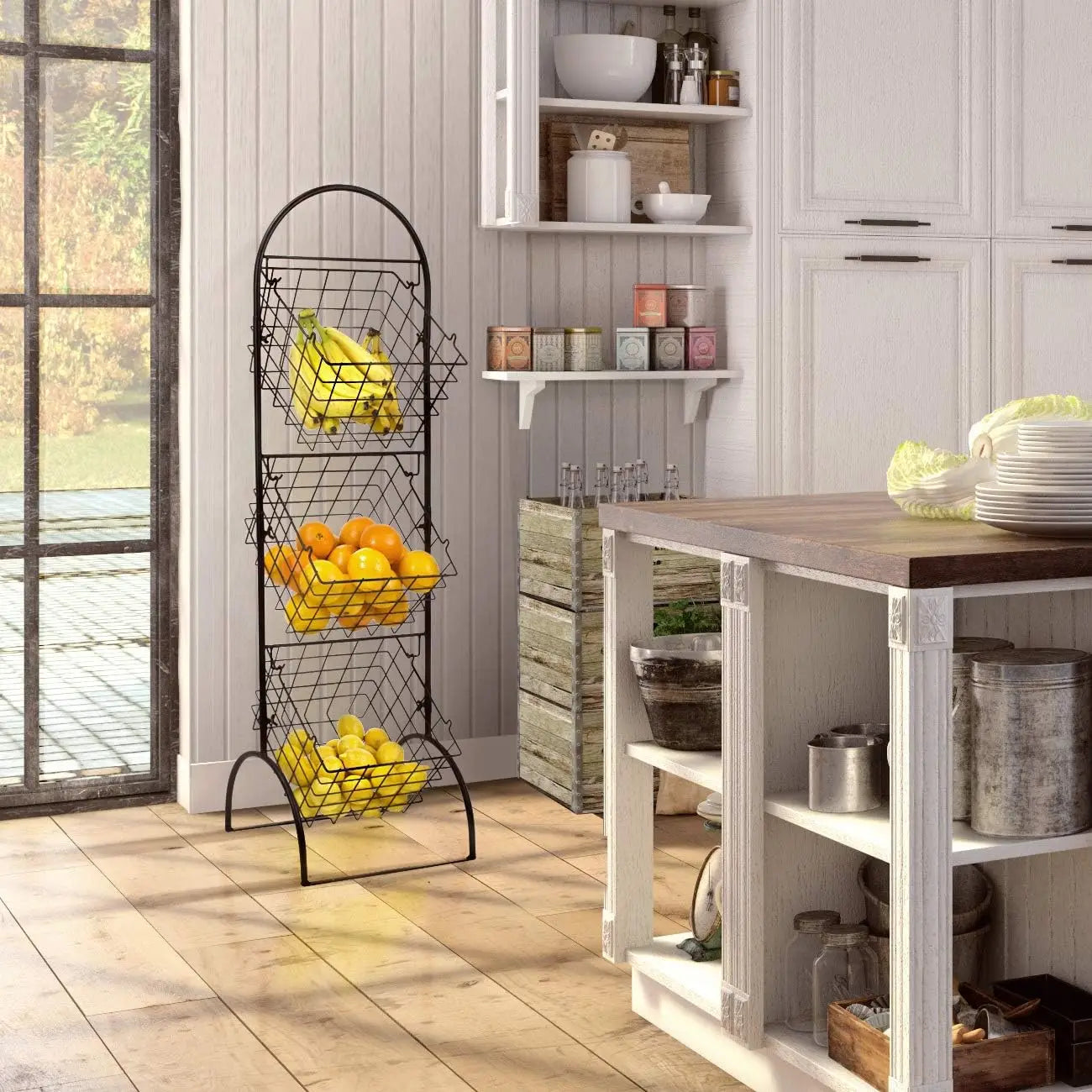 3-Tier Metal Wire Market Basket Storage Stand for Fruit, Vegetables, Snacks, Toiletries