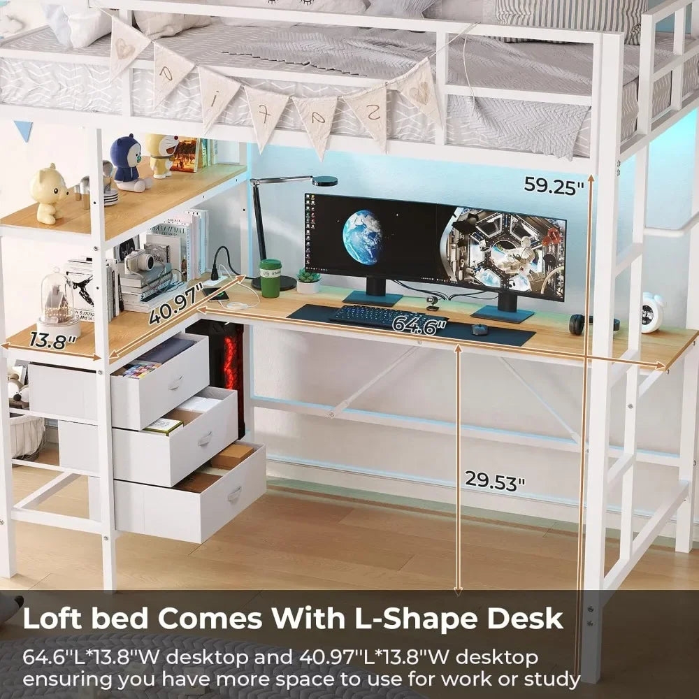 Twin Loft Bed with L-Shaped Desk, LED Lights, Charging Station with 3 Storage Shelves and 3 Fabric Drawers