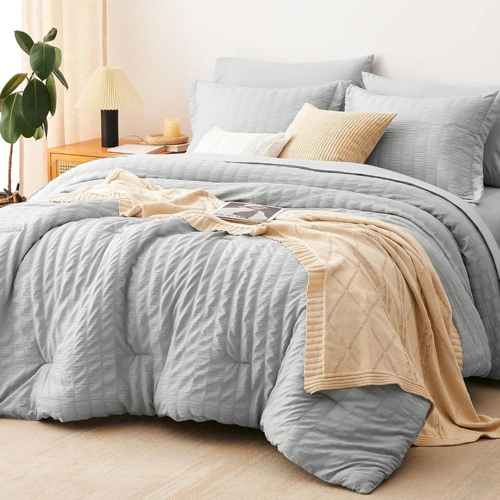 CozyLux King Seersucker Comforter Set with Light Grey Bed in a Bag 7-Pieces All Season Bedding Sets with Comforter, Pillow Sham,