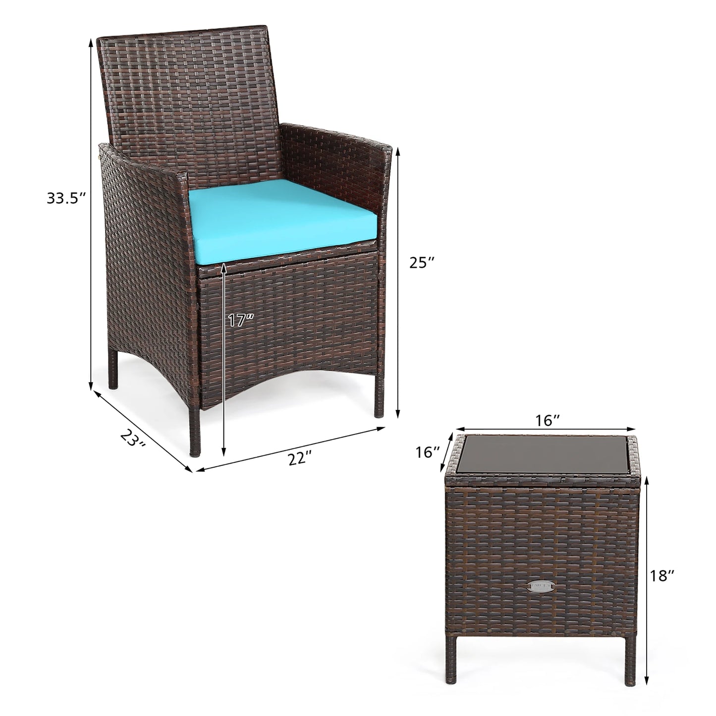 3 PCS Rattan Furniture Set with Cushions and glass top table.