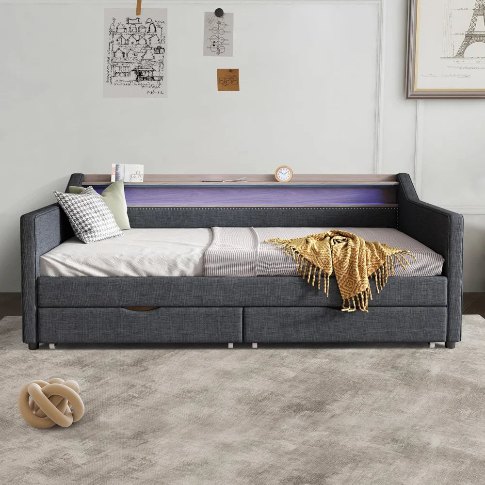 Twin Size Daybed with Storage, with 2 Drawers, Daybed Frame with USB Port and Smart LED Light, Slat Support, Dark Grey