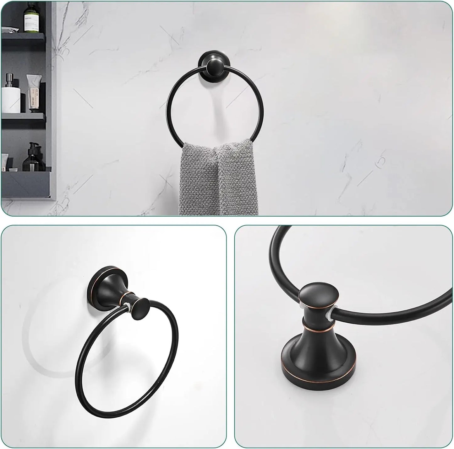 Oil Rubbed Bronze 4-Piece Bathroom Bath Set, Wall Mount Bathroom Hardware Fixture (Adjustable Towel Bar Rack, Towel Ring Holder