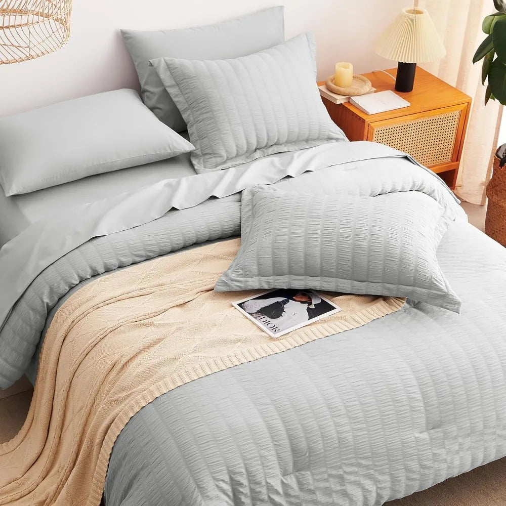 CozyLux King Seersucker Comforter Set with Light Grey Bed in a Bag 7-Pieces All Season Bedding Sets with Comforter, Pillow Sham,