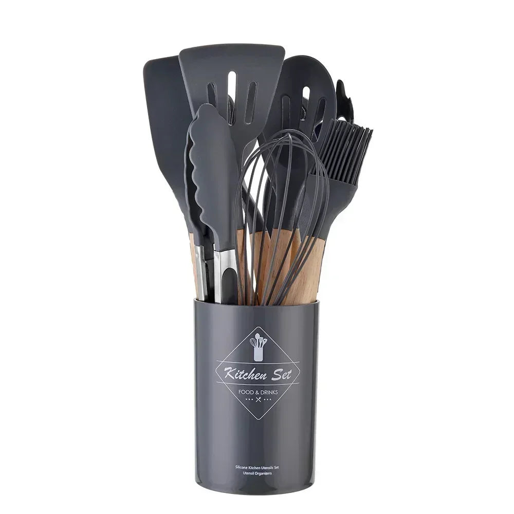 12PCS Food Grade Silicone Kitchen Cookware Utensils Turner Spatula Measuring Spoon Practical Cooking Tool Kitchenware Set Spoon