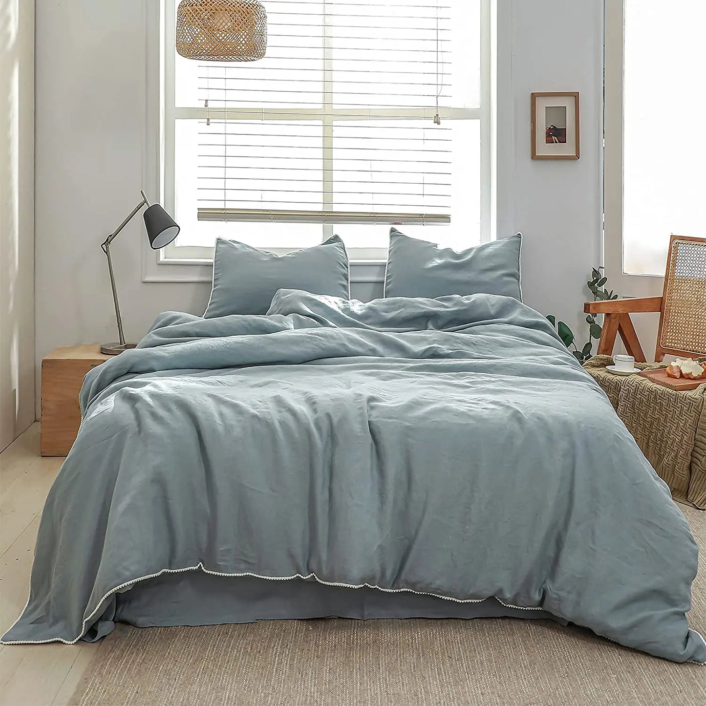 3Pcs 100% Linen Bedding Set, Washed Comforter Boho Breathable Queen King Size Duvet Cover Bed Sheet Pillow Shams