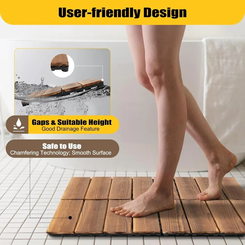 36 Pack Hardwood Interlocking Patio Deck Tiles 12" x 12" x 1" Waterproof, Brown Tiles