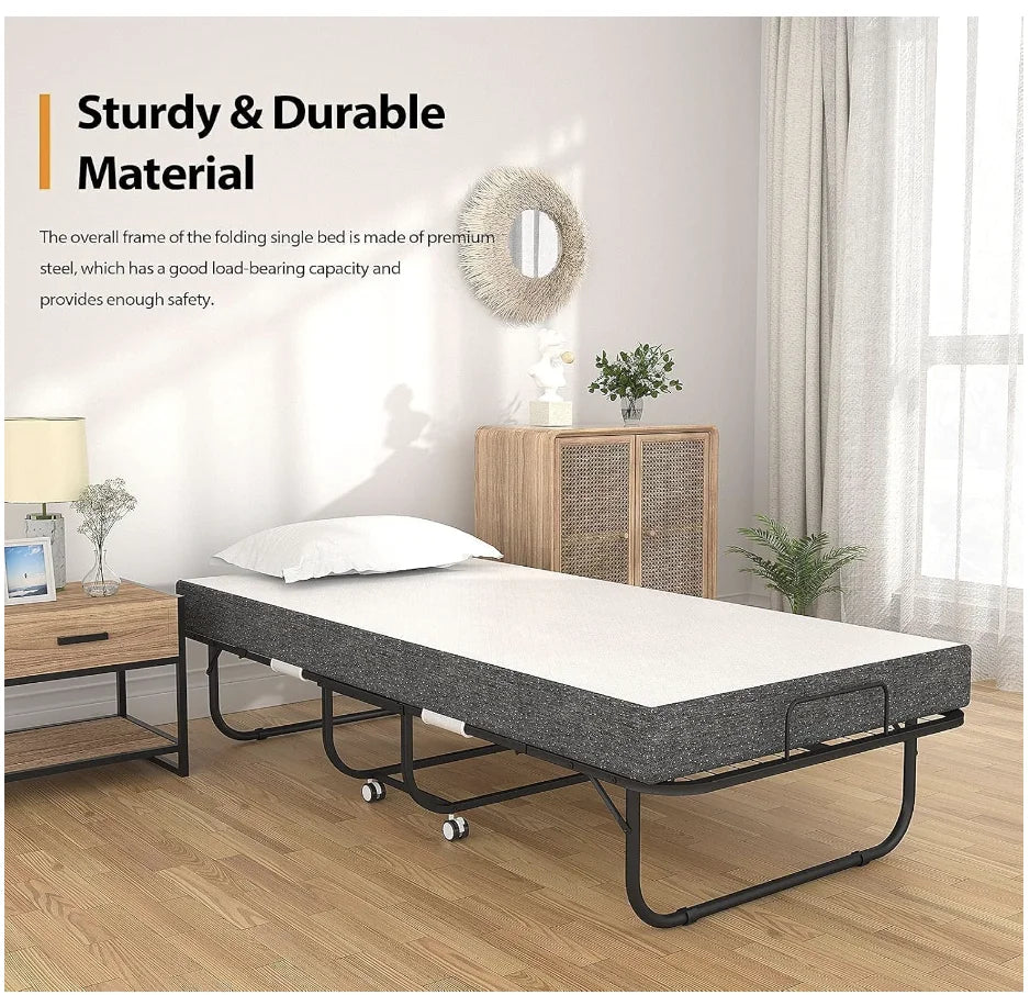 Folding Bed with Mattress Guest Beds, Cot Size Rollaway Beds for Adults with Luxurious Memory 5 Inch Foam Mattress