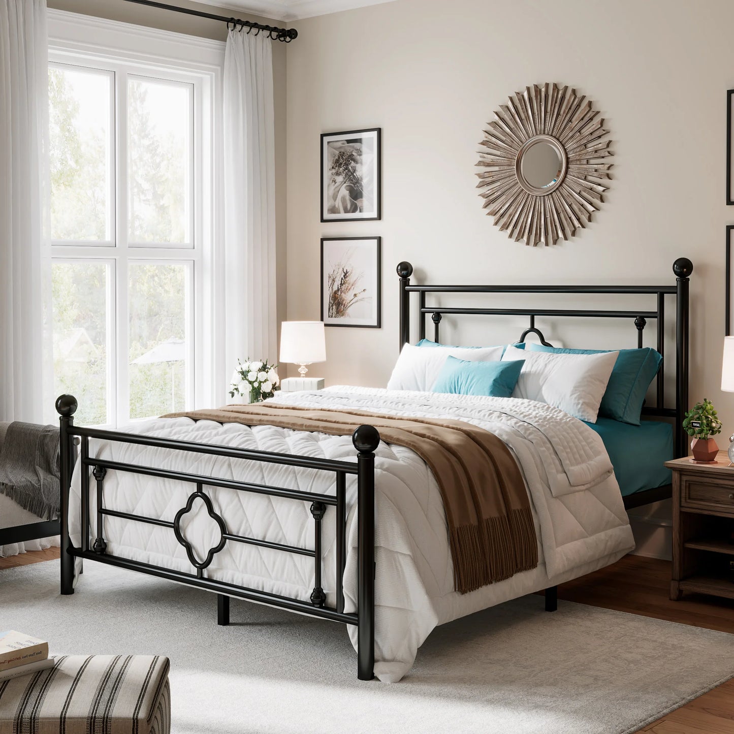 14 Inch Platform Bed Frame, Vintage Victorian Style, Wrought Iron Headboard and Footboard