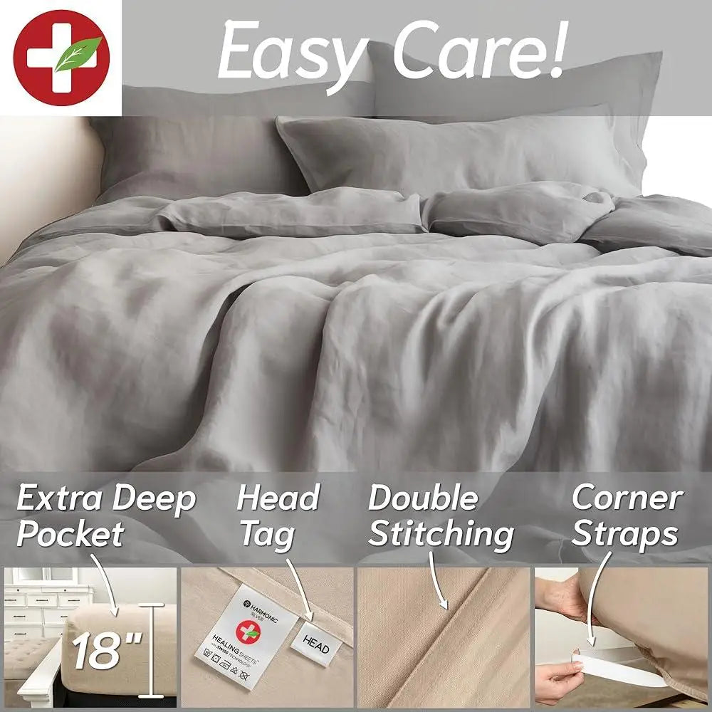 Silver Ion Linen Bed Sheet Set Eucalyptus Cooling Soft Breathable Moisture Wicking, Deep Pocket, Hypoallergenic