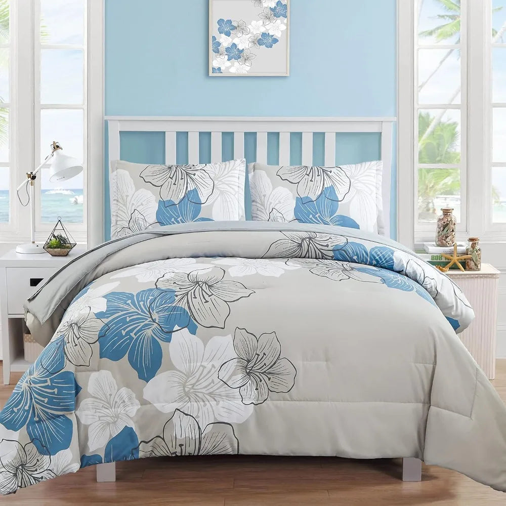 Comforter Set Queen Size, Blue Floral Comforter and Sheet Set, 7 Pieces Bed in a Bag Soft Microfiber Complete Duvet Cover Set