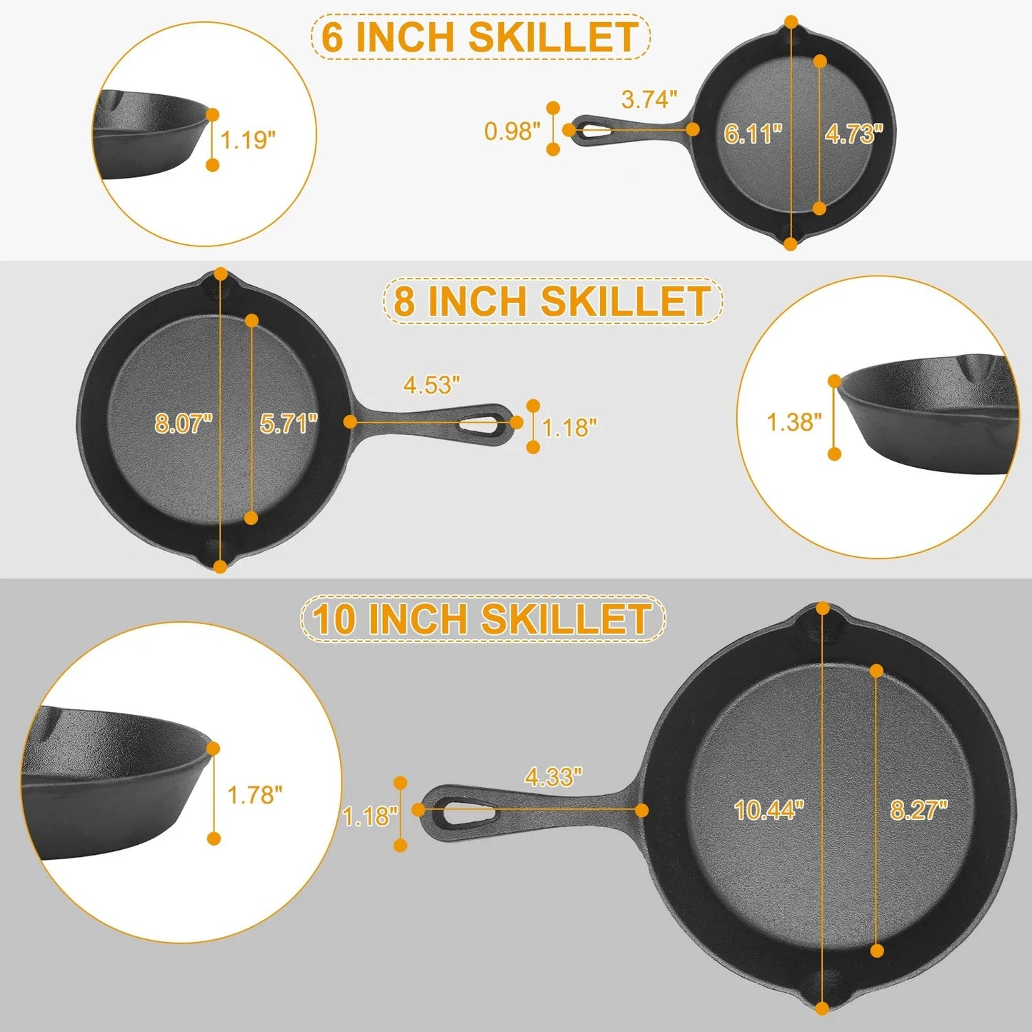 Pre-Seasoned Cast Iron Skillet Set 6/8/10in Oven Safe Cookware