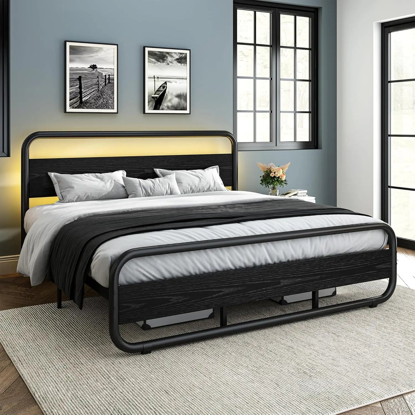 King Size Metal Bed Frame with LED Headboard and Footboard, Rustic Industrial Heavy Frame