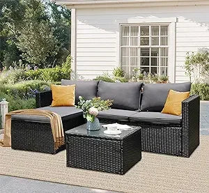 3 PC Sectional Furniture Set with All-Weather Wicker Rattan with Glass Table Top
