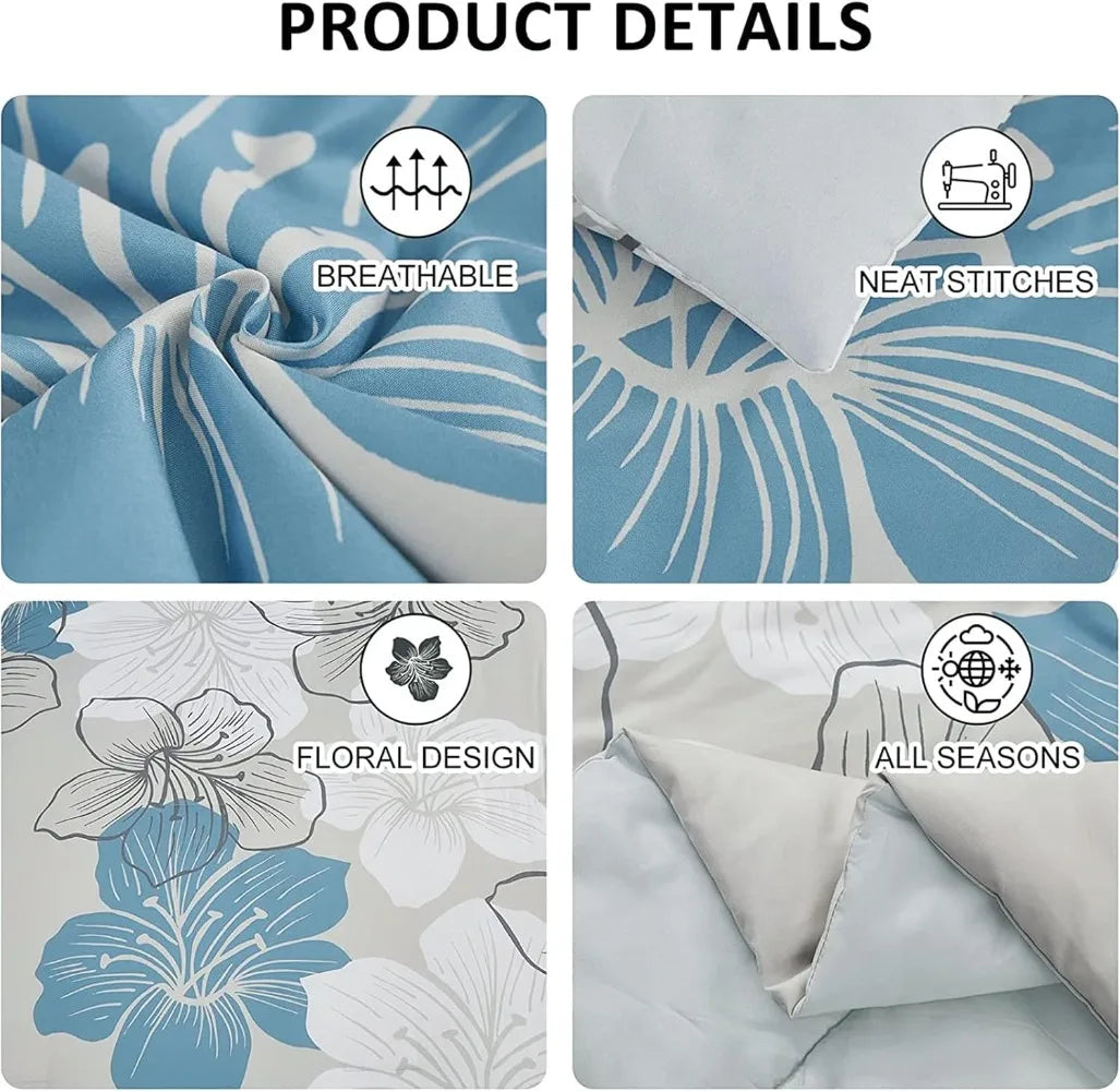 Comforter Set Queen Size, Blue Floral Comforter and Sheet Set, 7 Pieces Bed in a Bag Soft Microfiber Complete Duvet Cover Set