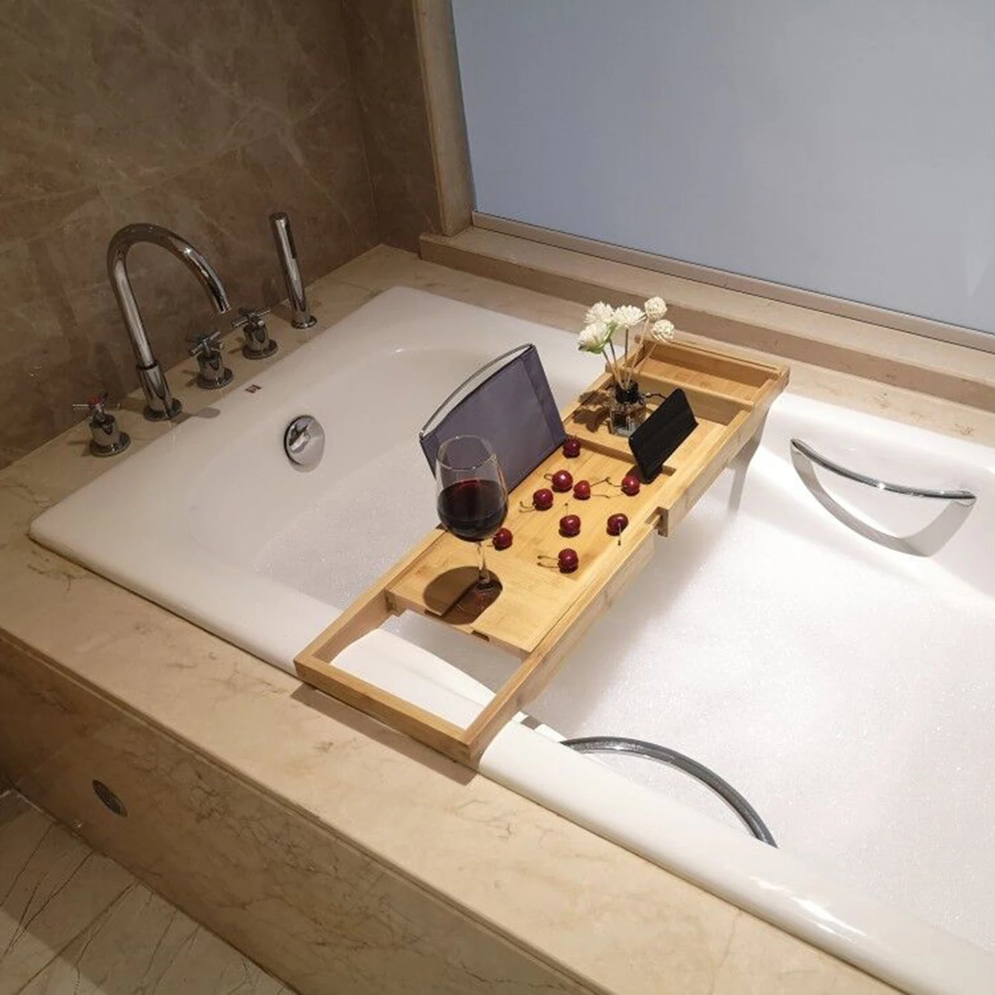 Bamboo Bath Tray Table Bathtub Caddy, Over the Tub Shelf Bath Holder.