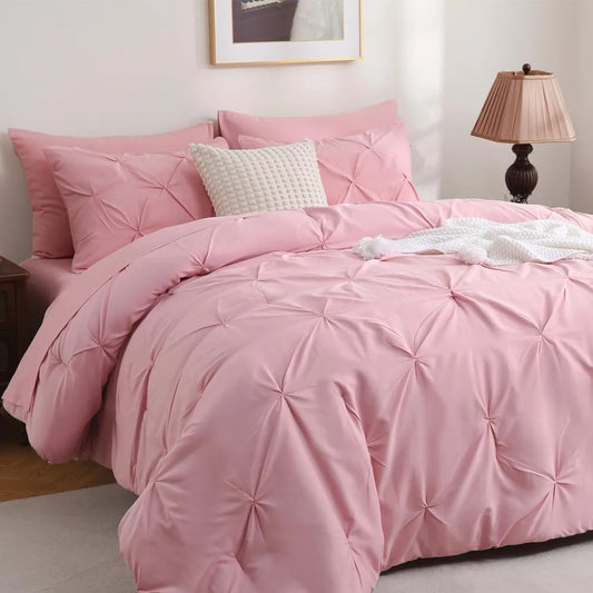 DOWNCOOL 7 Pieces King Size Comforter Set, Pink Pintuck Bed in A Bag, All Season