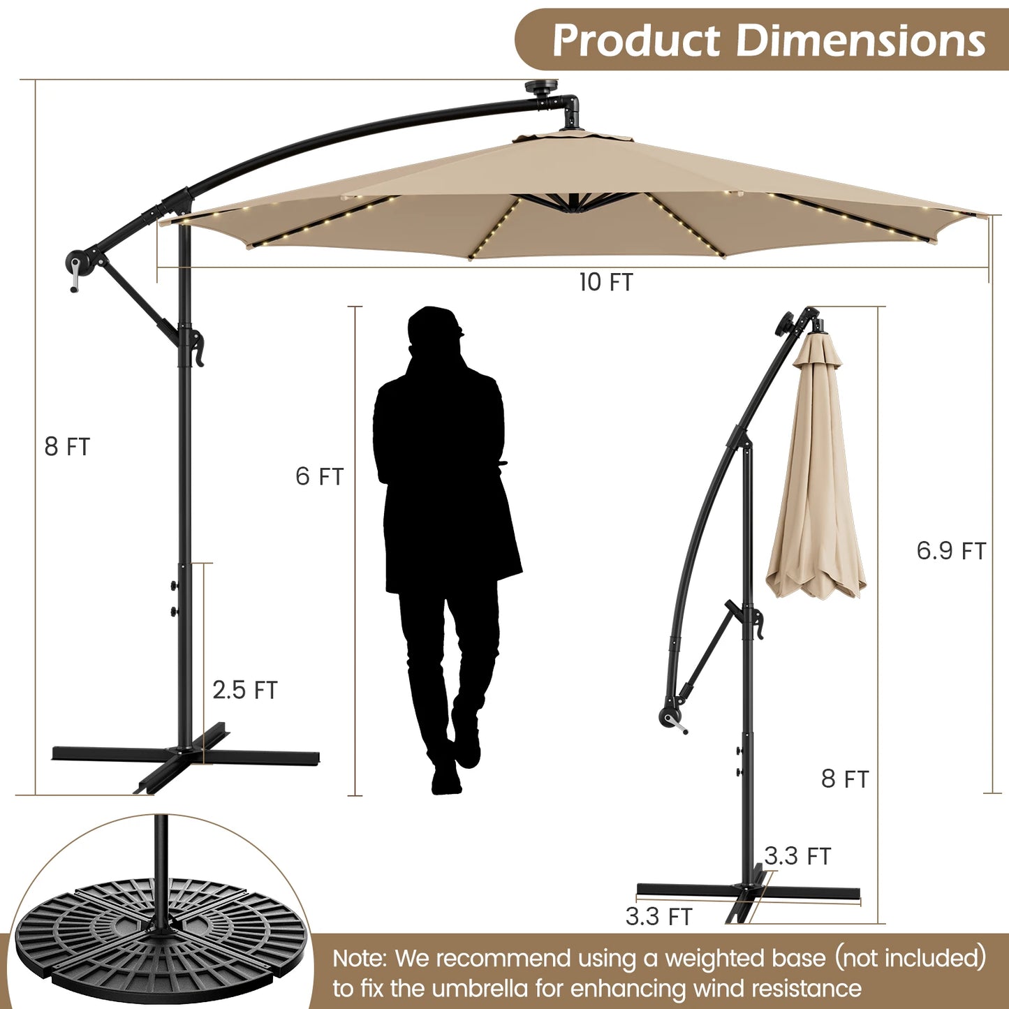 10FT Patio Solar-Lighted 112 LED Cantilever Offset Umbrella Crank Tilt