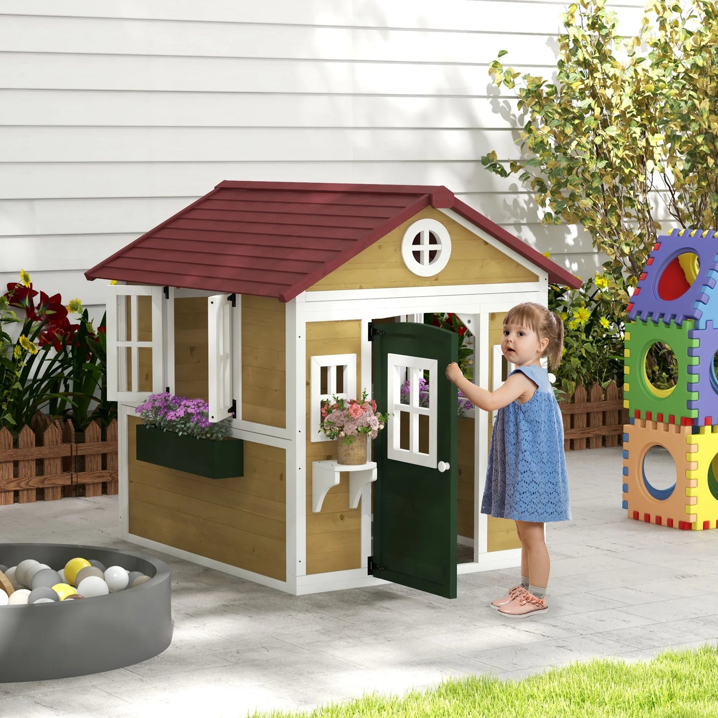 Playhouse for Kids Outdoor with Doors, Windows, Planter Pots and Boxes for Toddlers 3-8 Years