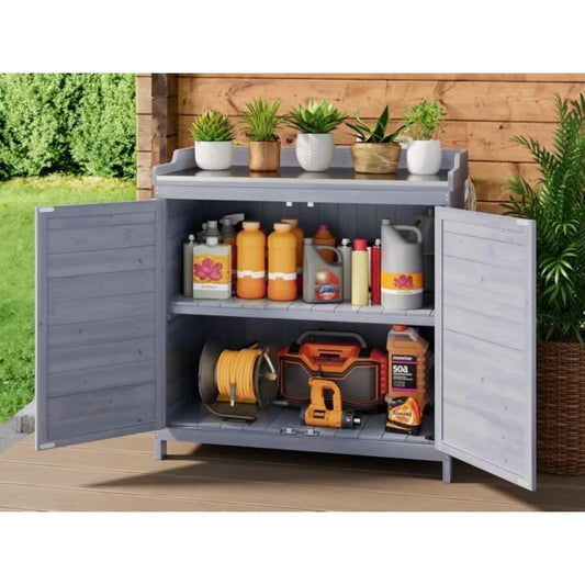 Garden Wooden Storage Cabinet with Adjustable Shelf, Double Doors with Work Bench.