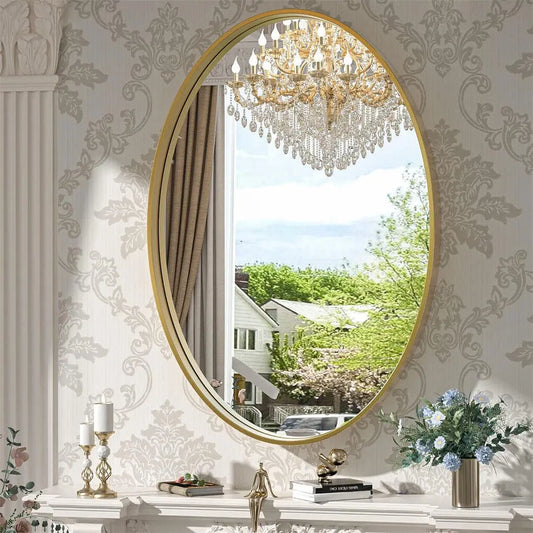 Oval Wall Mounted Vanity Mirror with Brushed Brass Frame