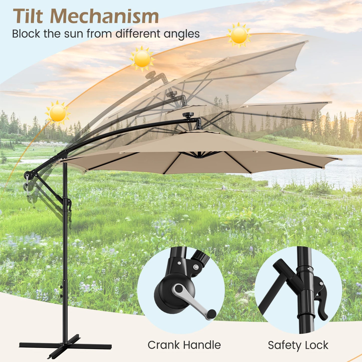 10FT Patio Solar-Lighted 112 LED Cantilever Offset Umbrella Crank Tilt
