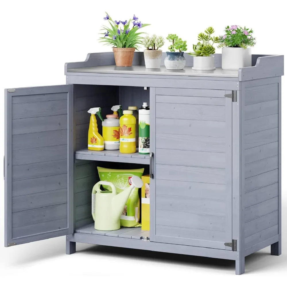 Garden Wooden Storage Cabinet with Adjustable Shelf, Double Doors with Work Bench.