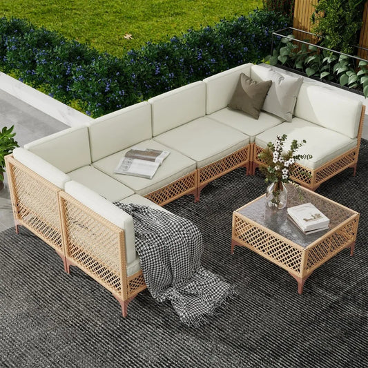 7 Piece Outdoor Wicker Furniture Set, with Couch Sets with Glass Table Top
