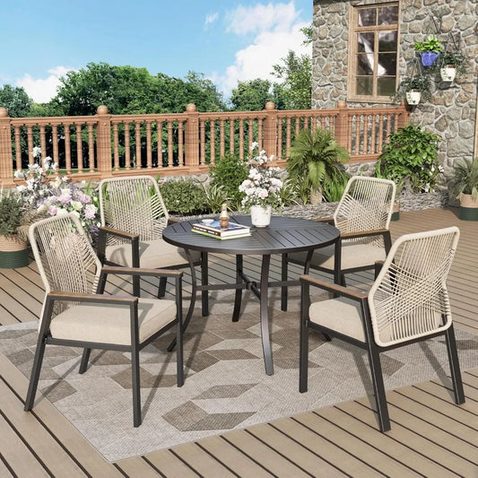 5 PC  wicker, upholstered cane chairs and a 42-inch round table