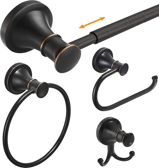 Oil Rubbed Bronze 4-Piece Bathroom Bath Set, Wall Mount Bathroom Hardware Fixture (Adjustable Towel Bar Rack, Towel Ring Holder