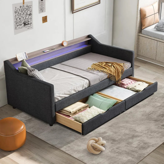 Twin Size Daybed with Storage, with 2 Drawers, Daybed Frame with USB Port and Smart LED Light, Slat Support, Dark Grey