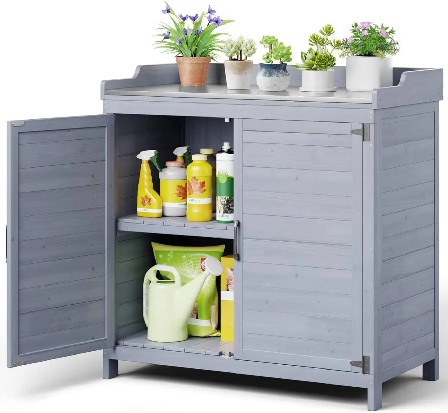 Garden Wooden Storage Cabinet with Adjustable Shelf, Double Doors with Work Bench.