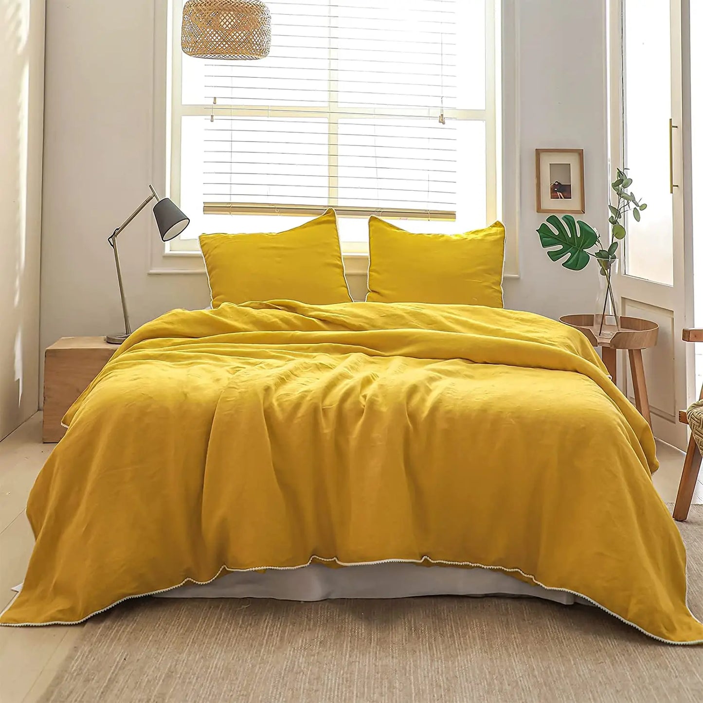 3Pcs 100% Linen Bedding Set,  Washed Comforter Boho Breathable Queen King Size Duvet Cover Bed Sheet Pillow Shams