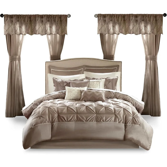 Faux Silk Comforter Set - Luxe Diamond Tufting All Season Bedding, Matching Curtains, Decorative Pillows, Duvet Cover Set