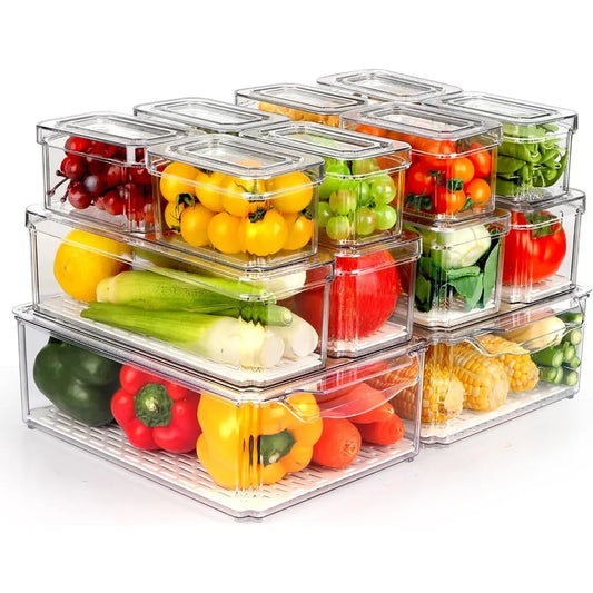 BPA Free, 14 Pack Fridge Organizer, Stackable Refrigerator Organizer Bins with Lids