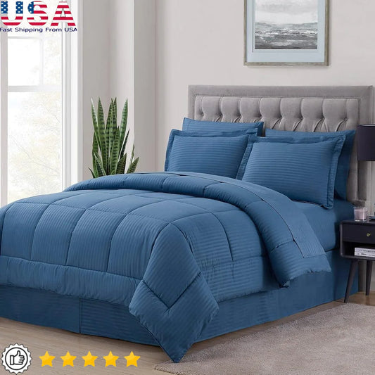 8 Piece King Comforter Set, Microfiber, Stripe Design