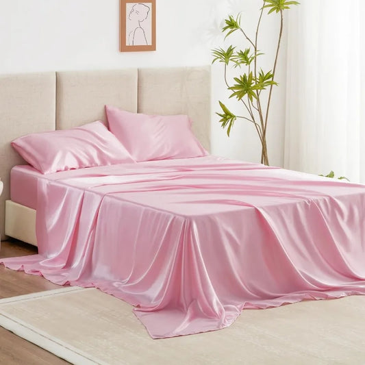4 Piece Pink Silky Satin Bed Sheets Queen Set with Deep Pocket