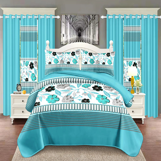 9 Piece Bedspread Set, Blue and White Flower, Inner Filling, Warmth, 3 Piece (1 * Bedspread, 2 * Pillowcase) 6 Piece Curtain Set (2 * Printed Curtain, 4 * Solid Curtain) Bedroom, 86*95.1inch *100 Inch 92*106inch