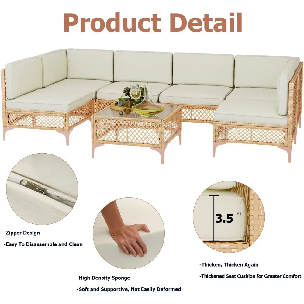 7 Piece Outdoor Wicker Furniture Set, with Couch Sets with Glass Table Top