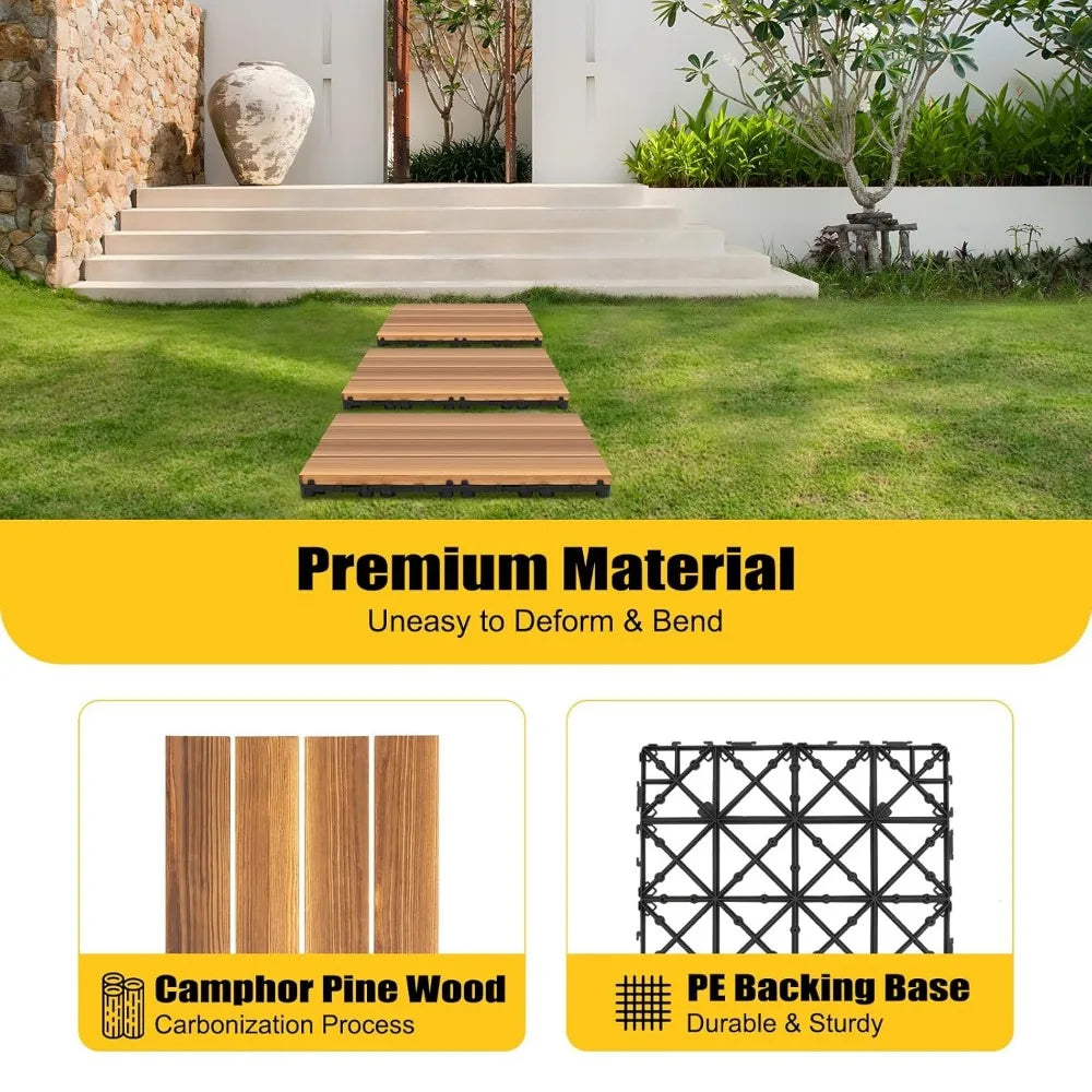 36 Pack Hardwood Interlocking Patio Deck Tiles 12" x 12" x 1" Waterproof,  Brown Tiles