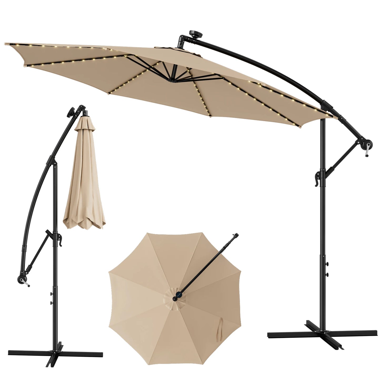 10FT Patio Solar-Lighted 112 LED Cantilever Offset Umbrella Crank Tilt
