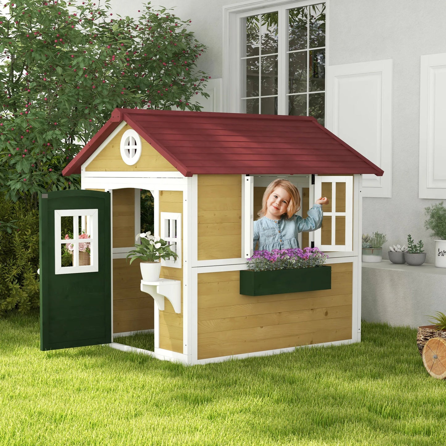 Playhouse for Kids Outdoor with Doors, Windows, Planter Pots and Boxes for Toddlers 3-8 Years