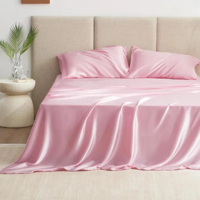 4 Piece Pink Silky Satin Bed Sheets Queen Set with Deep Pocket