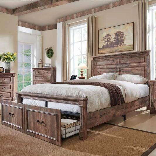 Farmhouse Queen Size Bed Frame, with 51" Tall Headboard, 20" Tall Footboard & 2 Large Storage Drawers