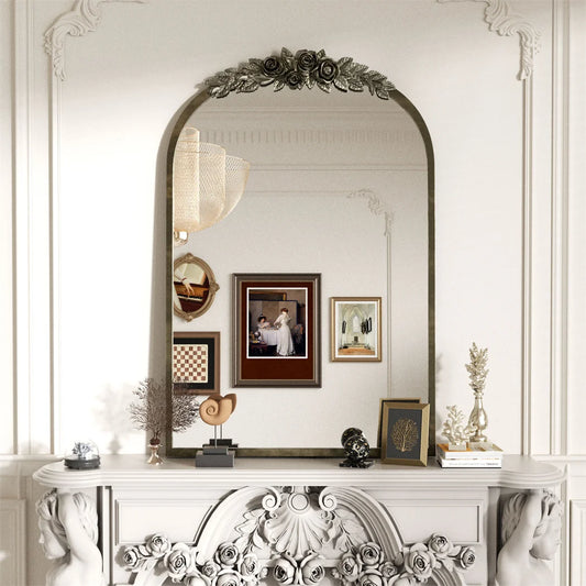 Arched Antique Brass Wall Mirror, Metal Frame Adorned with Resin Rose Pattern
