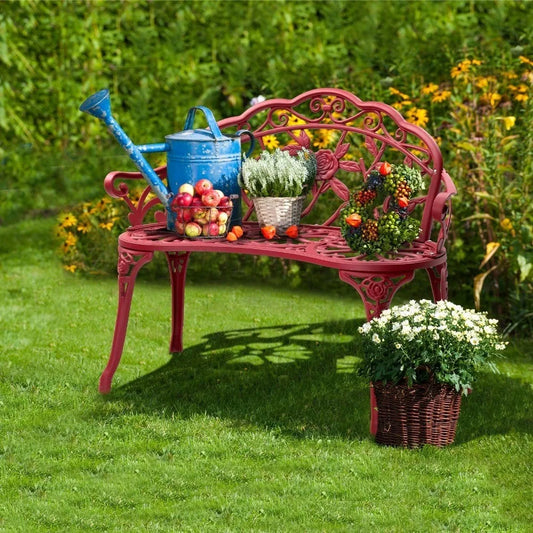 38.5"Length Garden Bench Park Chair with Cast Aluminum Furniture with Rose Pattern