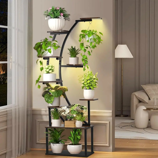 9 Tiered Black Plant Stand with Grow Light for Indoor Plants,  60"