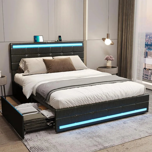 LED Lights Headboard and Footboard, Square Stitched Button Tufted Design, Upholstered Platform Bed Frame