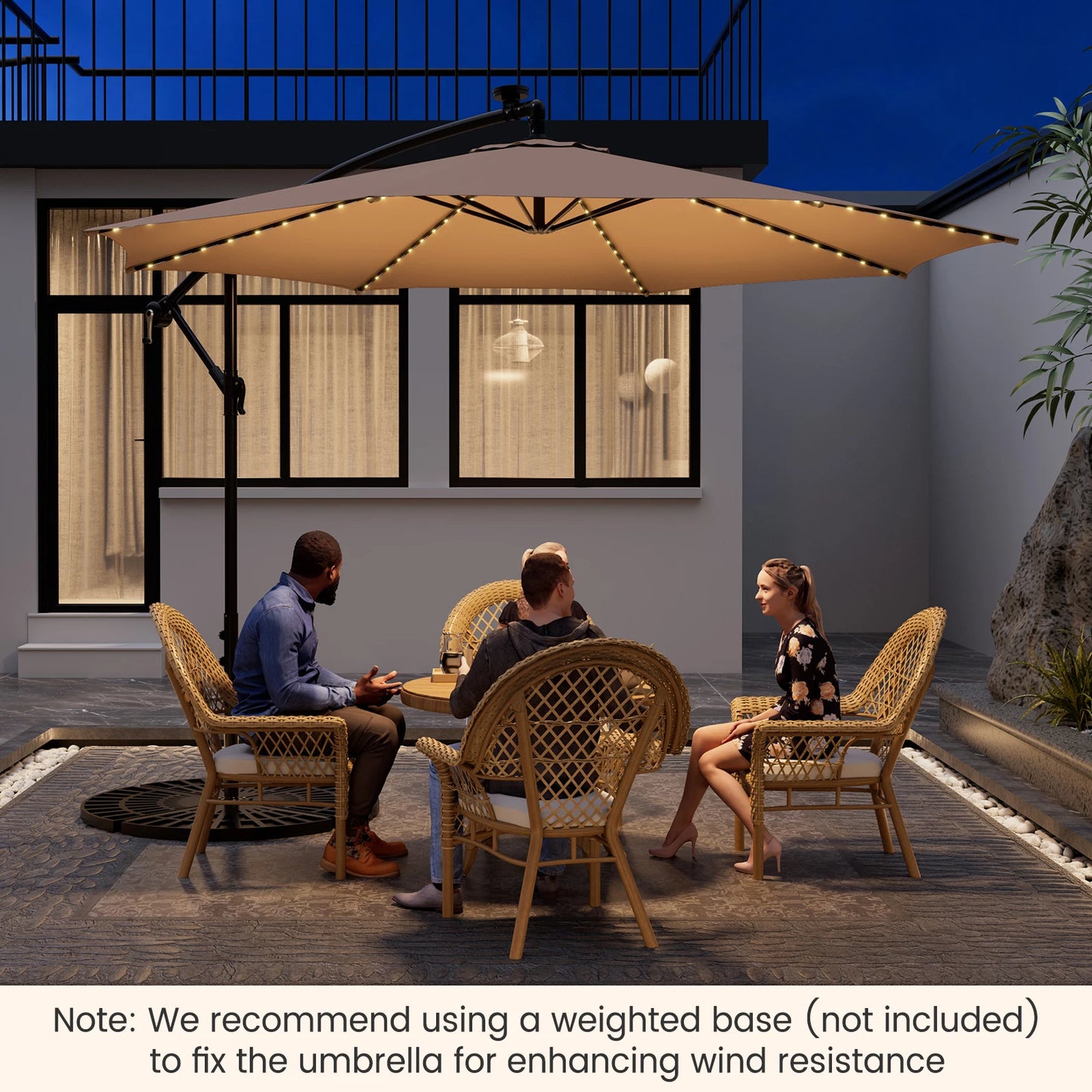 10FT Patio Solar-Lighted 112 LED Cantilever Offset Umbrella Crank Tilt