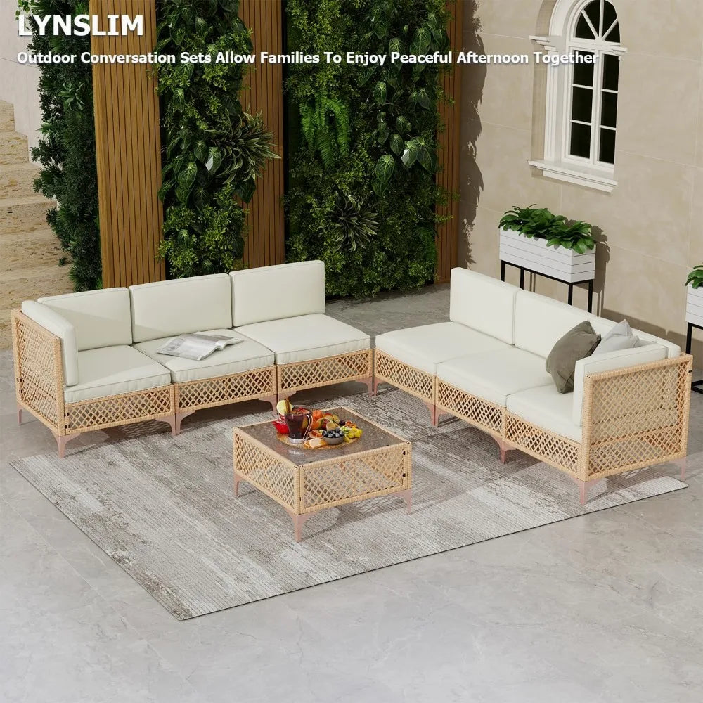7 Piece Outdoor Wicker Furniture Set, with Couch Sets with Glass Table Top